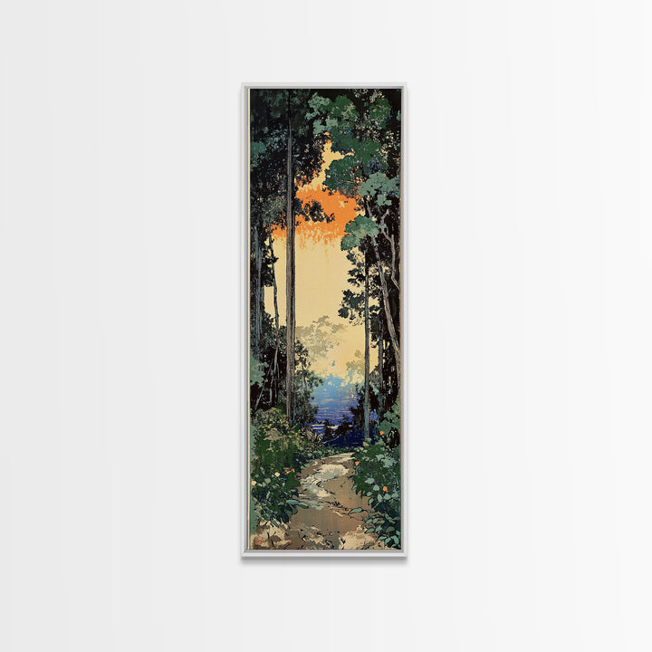 Sunlit Forest Path To Blue Water Wall Art, Japanese Nature Canvas Print, Green Woodland Decor, Calming Landscape Gift Idea