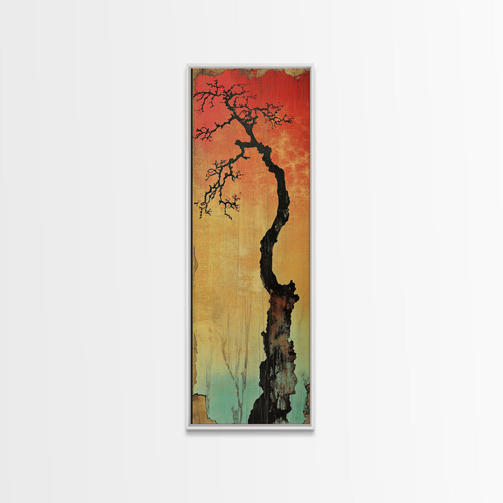 Lone Twisted Tree At Red Sunset Wall Art, Japanese Landscape Canvas Print, Moody Nature Decor, Minimalist Rustic Art For Cabin