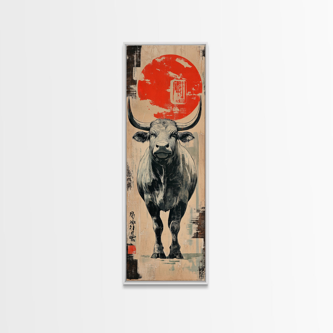 White Bull Beneath Rising Red Sun Wall Art, Japanese Animal Canvas Print, Rustic Farmhouse Decor, Bold Western Gift For Him