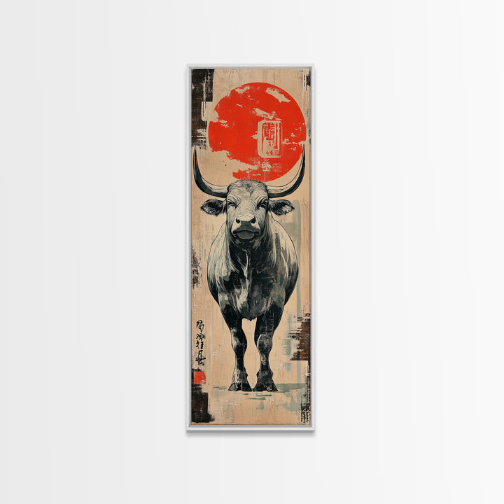 White Bull Beneath Rising Red Sun Wall Art, Japanese Animal Canvas Print, Rustic Farmhouse Decor, Bold Western Gift For Him