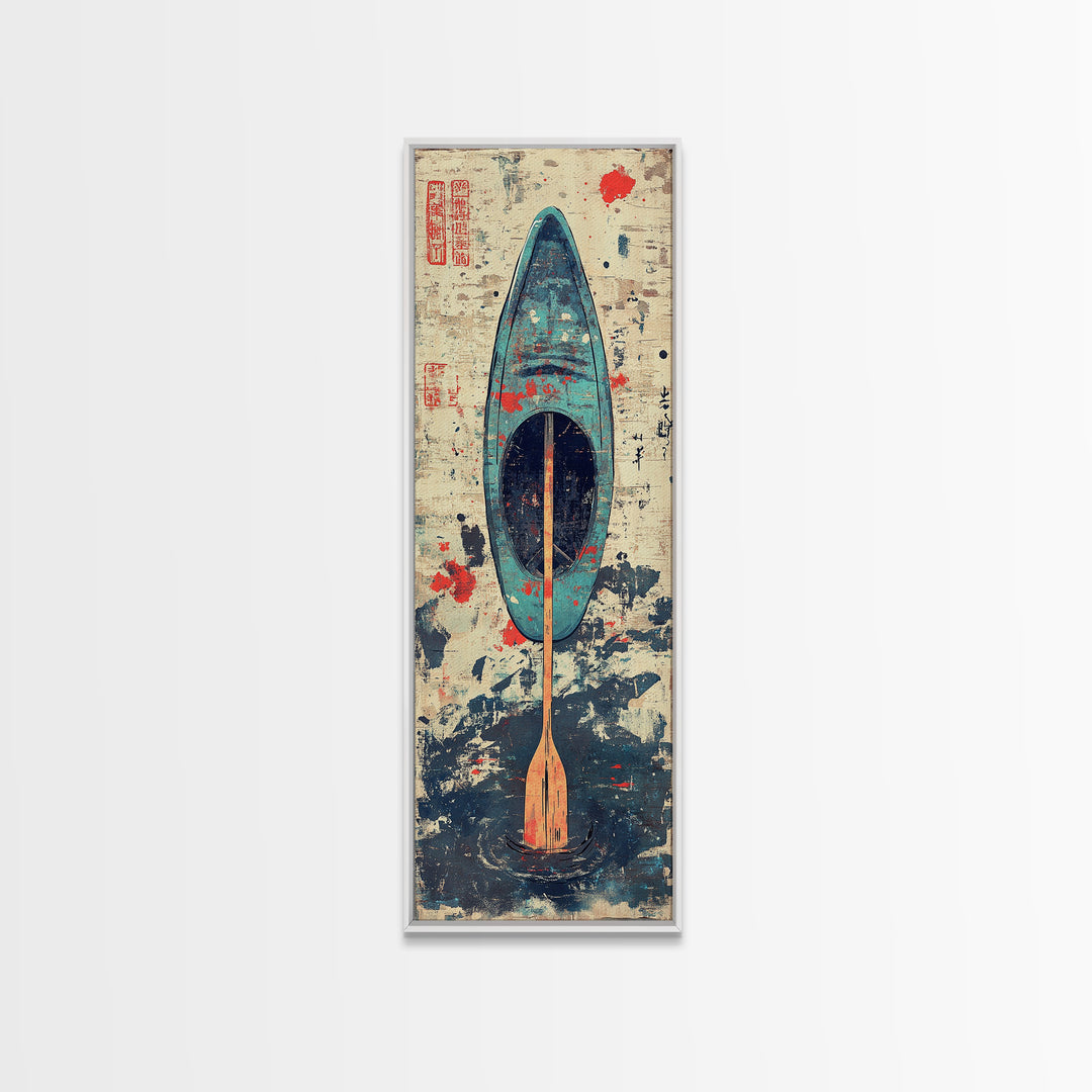Blue Kayak Paddle On Ocean Waves Wall Art, Japanese Coastal Canvas Print, Nautical Decor, Beach House Decor Gift For Her