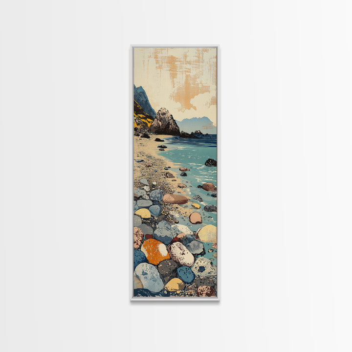 Rocky Pebble Beach Canvas Print, Coastal Cove Landscape Art, Ocean Wall Decor, Nautical Home Decor, Seaside Travel Poster