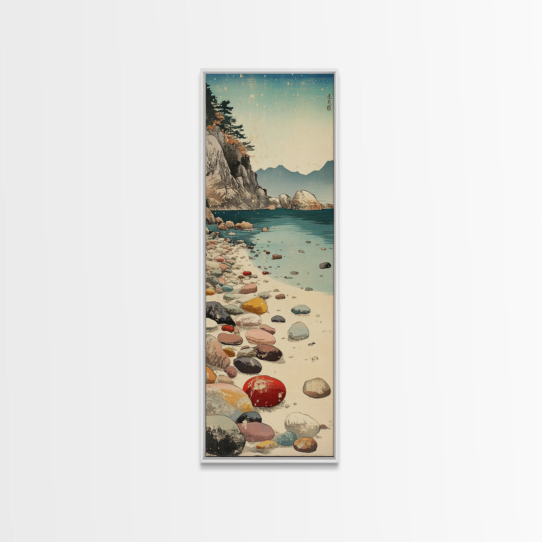 Turquoise Pebble Beach Wall Art, Coastal Mountain Cove Print, Ocean Landscape Decor, Nautical Canvas Print, Beach House Gift