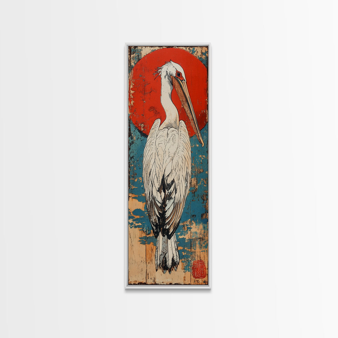 White Pelican Wall Art, Japanese Red Sun Bird Print, Coastal Wildlife Art, Asian Inspired Decor, Nautical Framed Canvas Print
