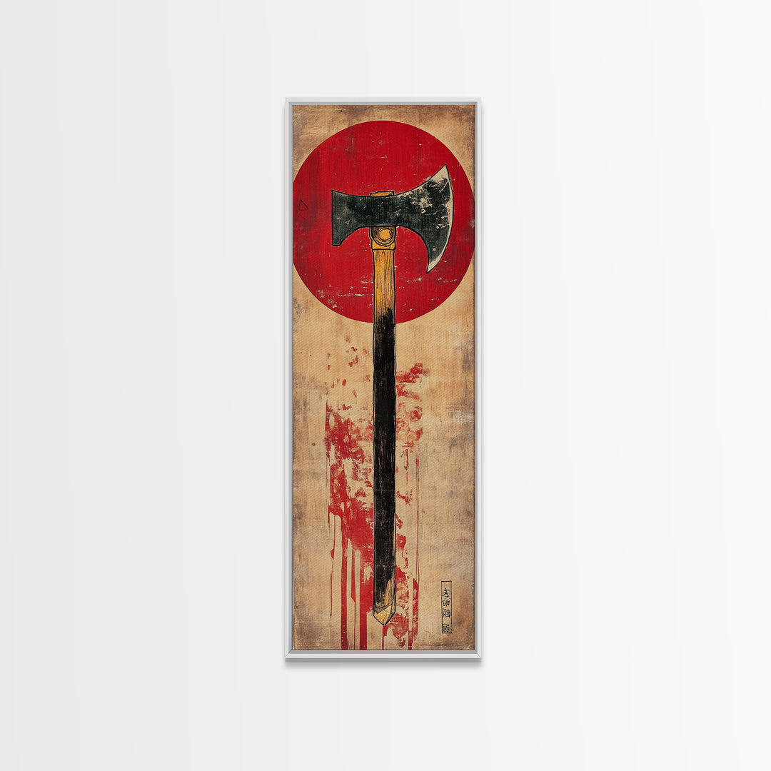 Rustic Axe Wall Art, Japanese Red Sun Tool Print, Samurai Inspired Decor, Masculine Office Decor, Framed Canvas Print, Gift For Him