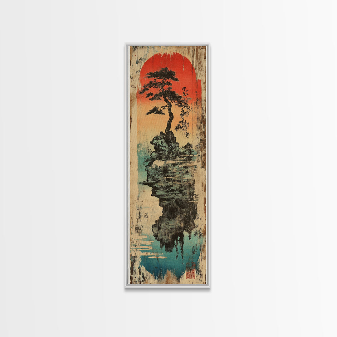 Japanese Bonsai Island Wall Art, Red Sun Zen Landscape Print, Japandi Wall Decor, Asian Inspired Canvas Print, Tranquil Decor