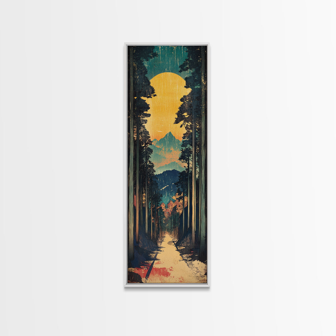 Sunlit Forest Path And Mountain View Framed Canvas Print, Japanese Wall Art, Japandi Nature Decor, Tall Narrow Landscape