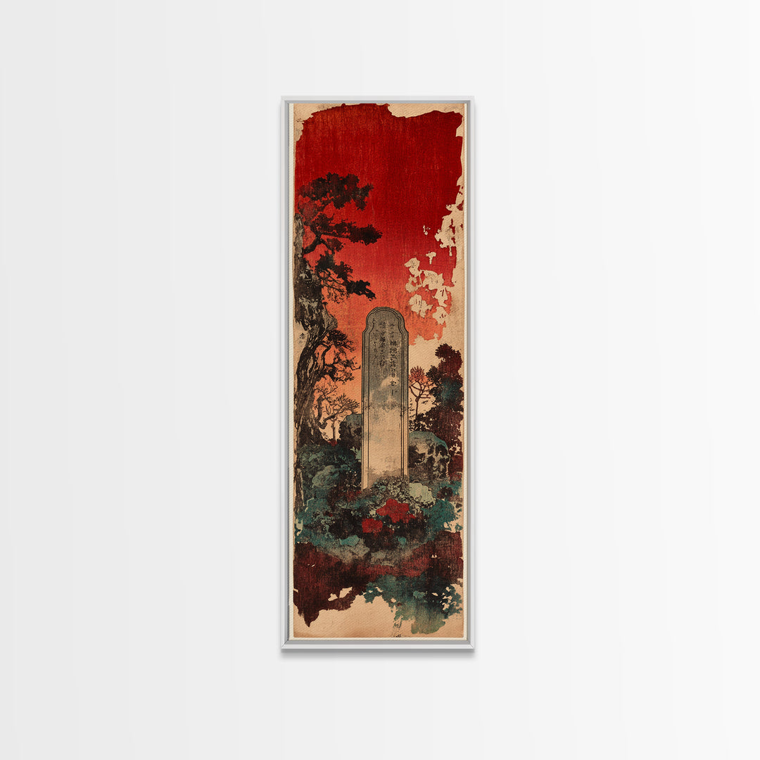Ancient Stone Grave Under Crimson Sky Canvas Print, Gothic Japanese Wall Art, Dark Academia Decor, Moody Cemetery Artwork
