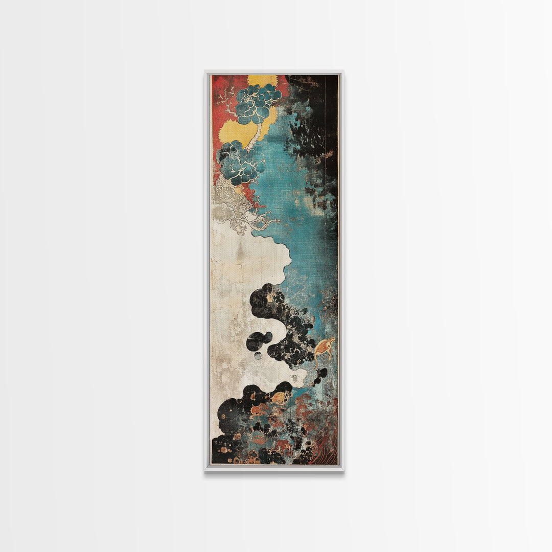 Turquoise Cloudscape With Red Moon Wall Art, Abstract Japanese Canvas Print, Moody Coastal Decor, Teal Black Statement Art