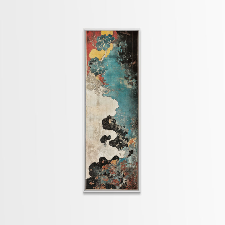 Turquoise Cloudscape With Red Moon Wall Art, Abstract Japanese Canvas Print, Moody Coastal Decor, Teal Black Statement Art