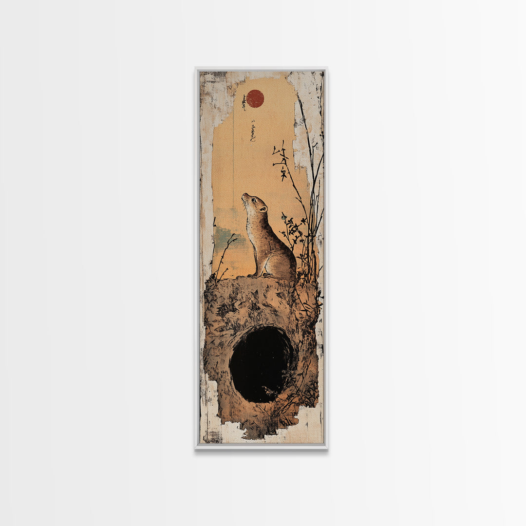 Prairie Dog At Burrow Under Red Moon Canvas Print, Whimsical Animal Wall Art, Japanese Nature Decor, Nursery Art Print, Kids Room Decor