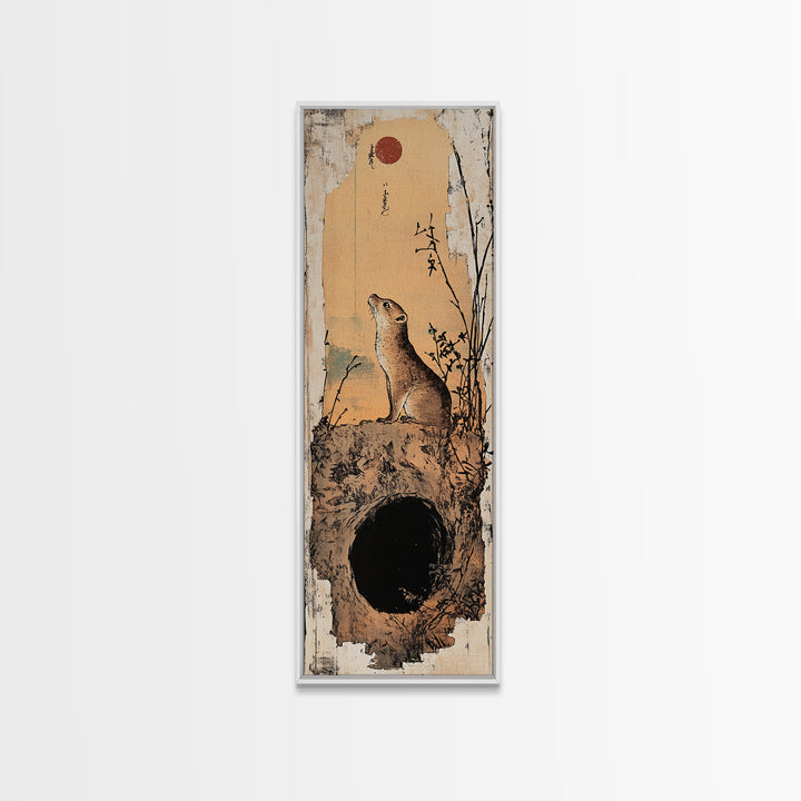Prairie Dog At Burrow Under Red Moon Canvas Print, Whimsical Animal Wall Art, Japanese Nature Decor, Nursery Art Print, Kids Room Decor
