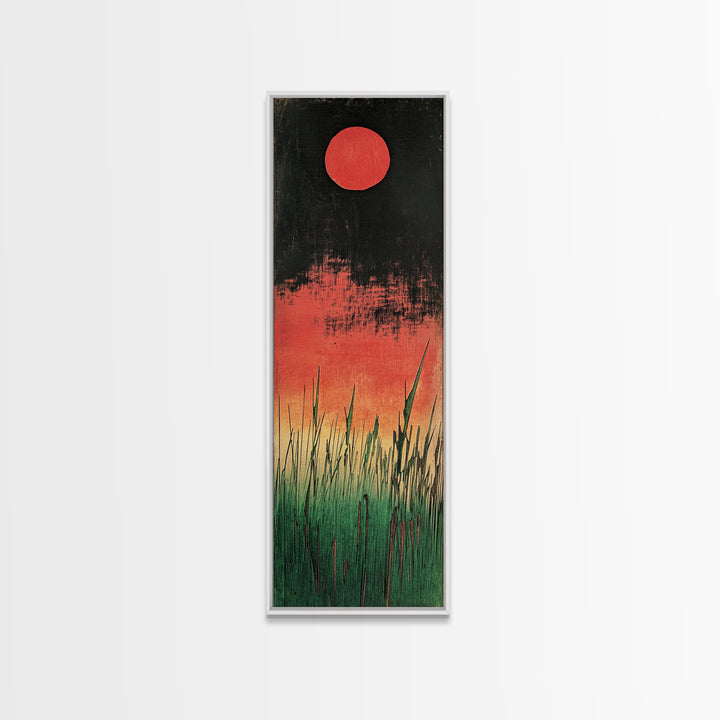 Red Sun Marsh Grass Canvas Print, Japanese Inspired Landscape, Moody Black And Green Wall Decor, Modern Nature Wall Art Print