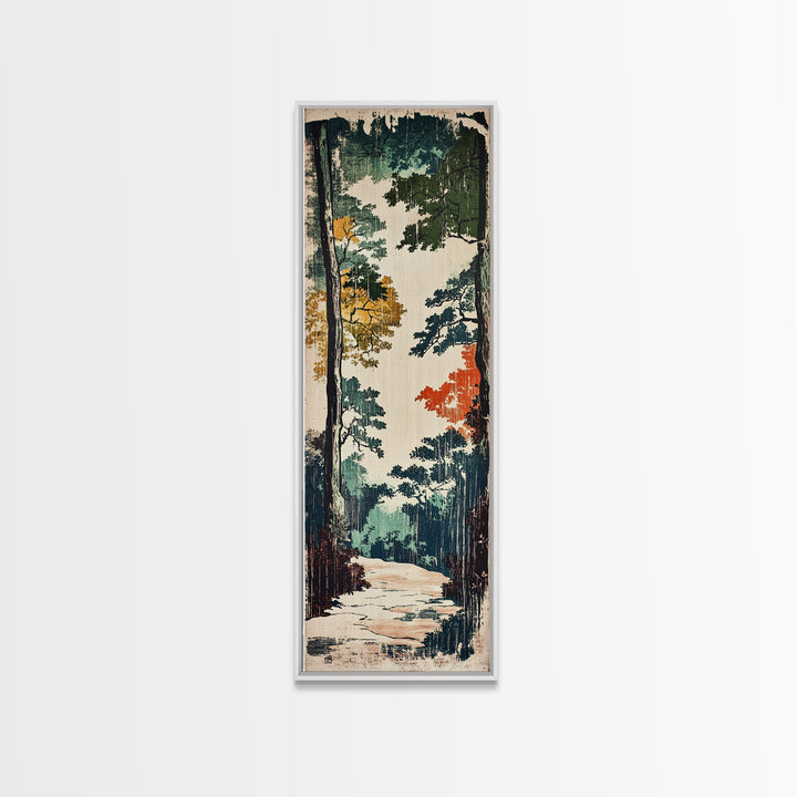 Autumn Forest Path Wall Art, Japanese Woodland Landscape Canvas, Rustic Cabin Decor, Nature Art Print For Living Room Decor