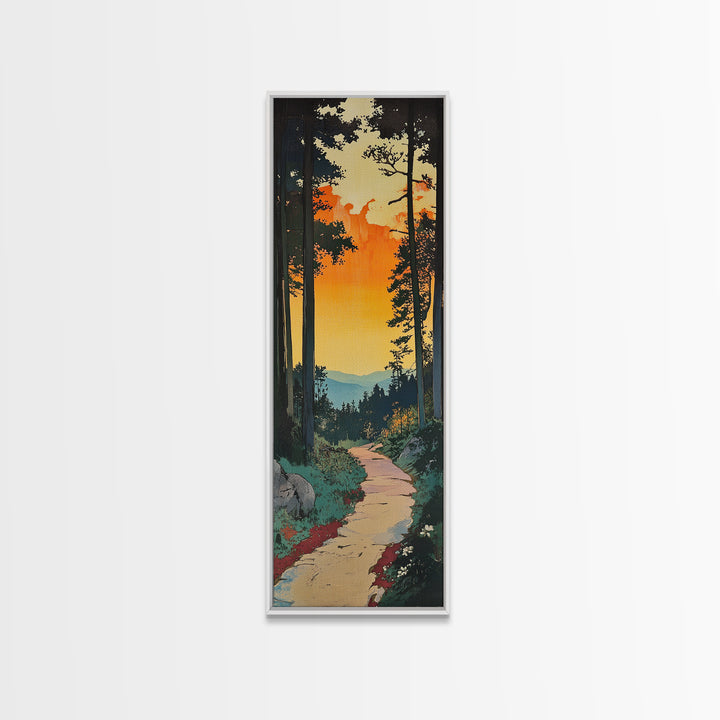 Sunset Forest Trail Canvas Print, Mountain Path Landscape Living Room Wall Art, Rustic Cabin Decor, Orange Sky Nature Art Print
