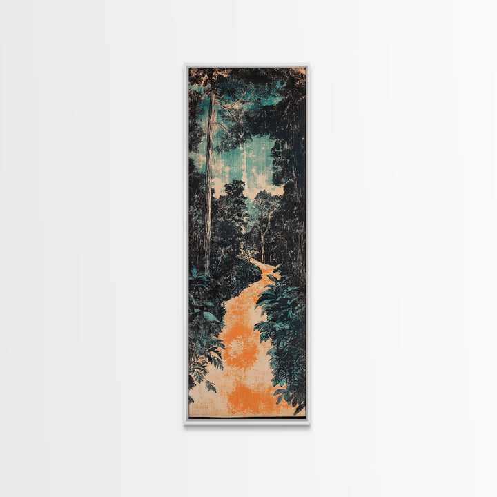 Teal Jungle Path At Dawn Wall Art, Japanese Landscape Print, Nature Wall Decor, Long Vertical Art, Moody Living Room Decor