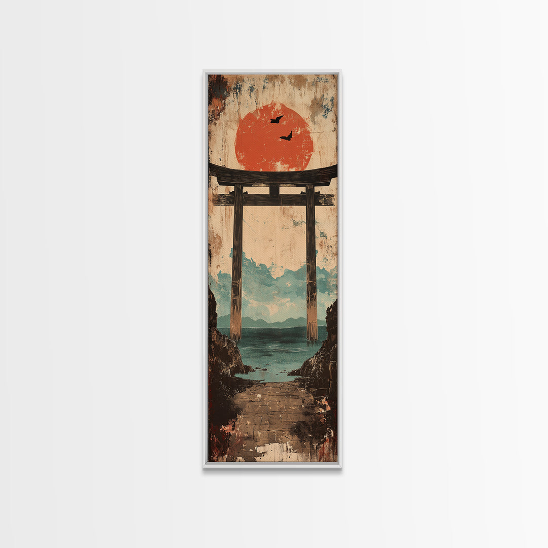 Red Sun Torii Gate Over Sea Framed Canvas Print, Japanese Wall Art, Coastal Landscape, Zen Home Decor, Entryway Wall Decor