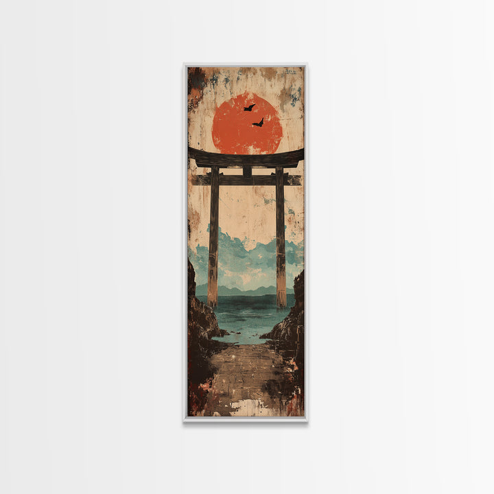 Red Sun Torii Gate Over Sea Framed Canvas Print, Japanese Wall Art, Coastal Landscape, Zen Home Decor, Entryway Wall Decor