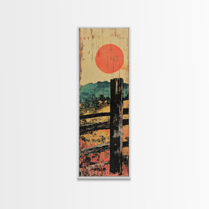 Rustic Fence And Red Sun Canvas Print, Japanese Countryside Landscape Wall Art, Japandi Decor, Earth Tone Living Room Art