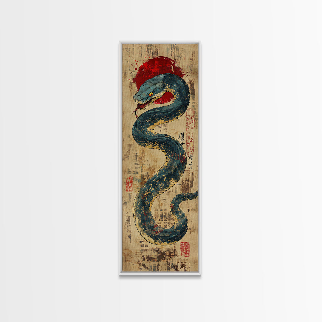 Blue Serpent With Red Sun Wall Art, Japanese Snake Illustration, Ukiyo-E Style Canvas Print, Mystical Asian Wall Decor, Office Decor
