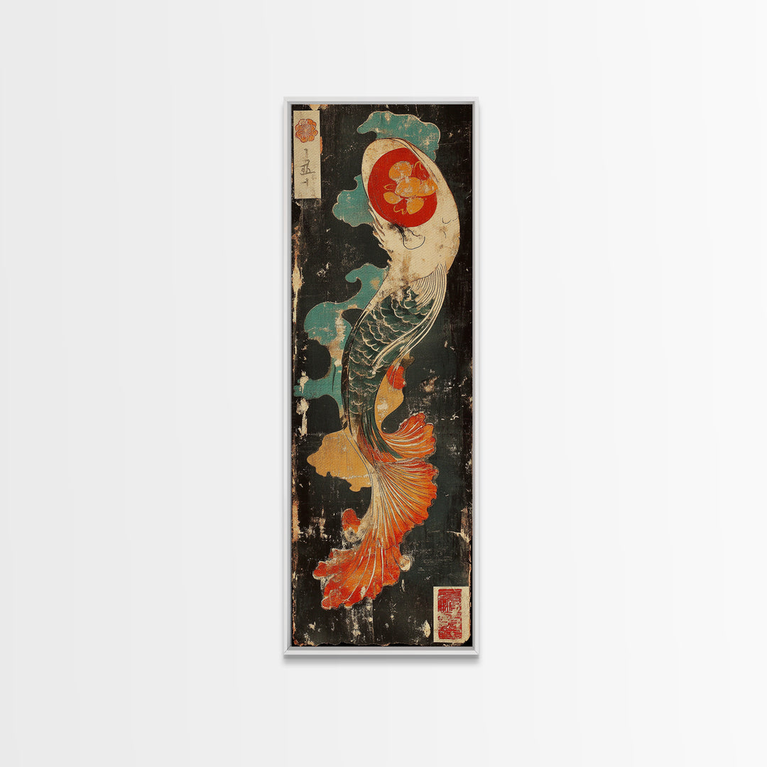 Graceful Koi Fish In Waves Wall Art, Japanese Canvas Print, Asian Inspired Decor, Coastal Bathroom Art, Zen Living Room Decor