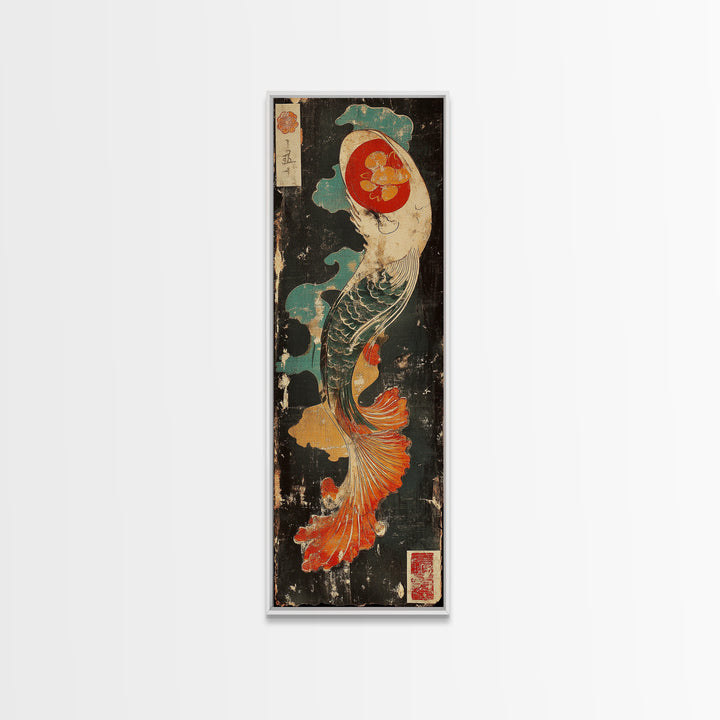 Graceful Koi Fish In Waves Wall Art, Japanese Canvas Print, Asian Inspired Decor, Coastal Bathroom Art, Zen Living Room Decor