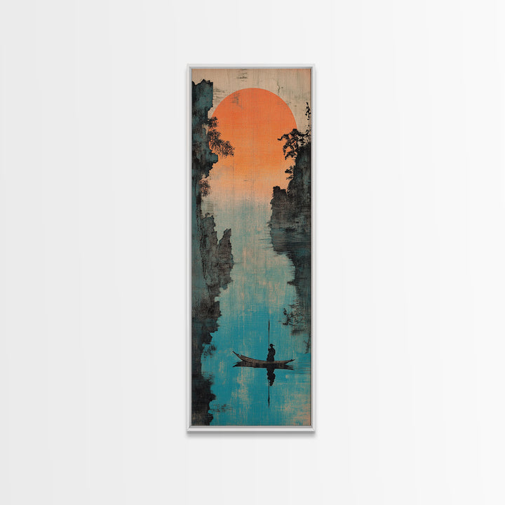 Misty River Canyon With Orange Sun Wall Art, Asian Landscape Canvas Print, Serene Fisherman Boat Framed Canvas Print Wall Decor