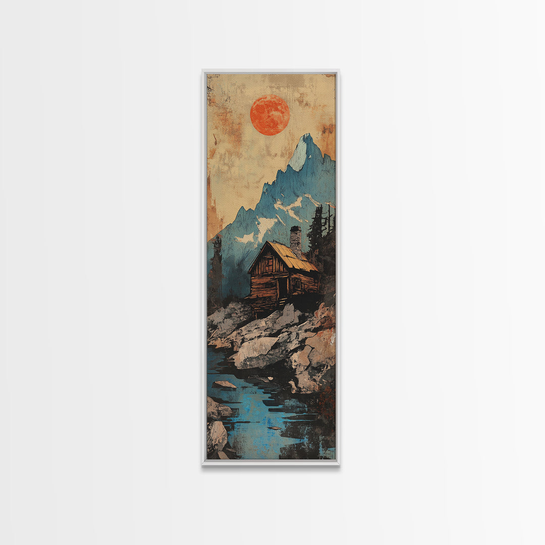 Alpine Cabin Below Blue Mountain Wall Art, Rustic Landscape Canvas Print, Red Sun Nature Decor, Framed Canvas Print For Cabin Living Room