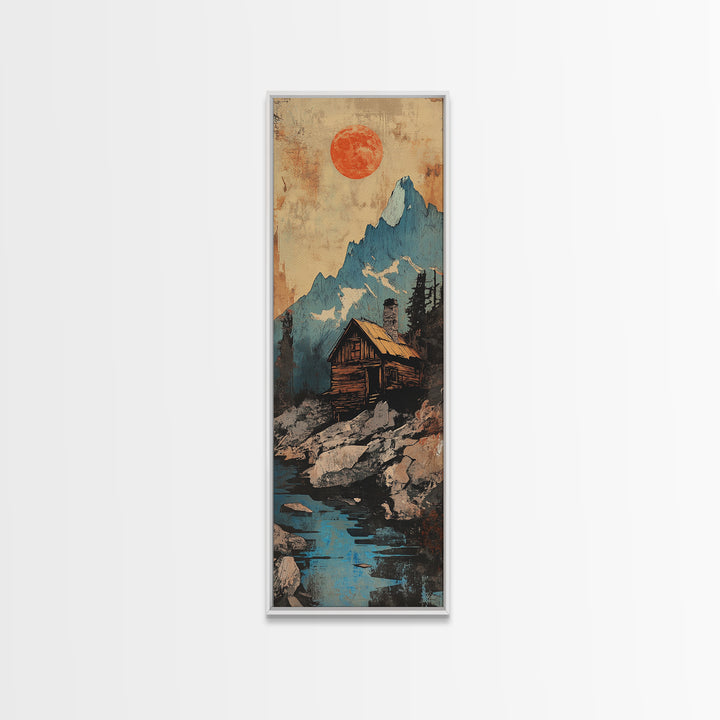 Alpine Cabin Below Blue Mountain Wall Art, Rustic Landscape Canvas Print, Red Sun Nature Decor, Framed Canvas Print For Cabin Living Room