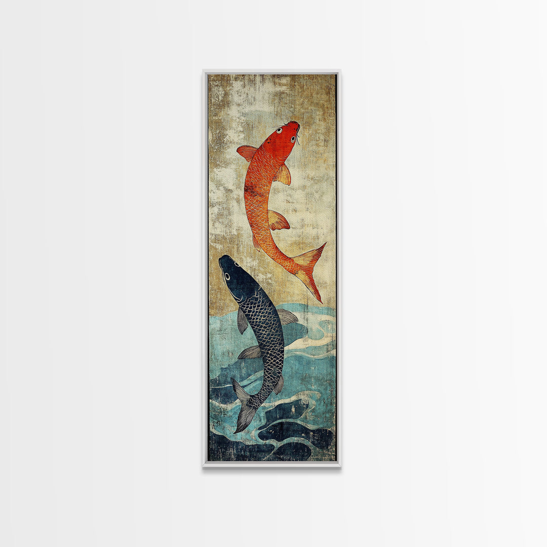 Orange And Black Koi Fish Wall Art, Japanese Koi Canvas Print, Coastal Fish Decor, Framed Canvas Print For Bathroom And Spa Decor