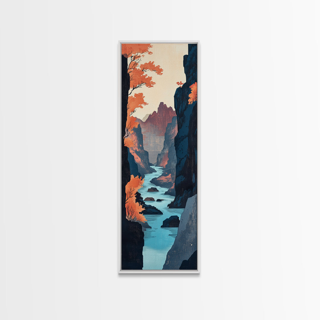 Autumn Canyon River Canvas Print, Japanese Landscape Wall Art, Orange Fall Trees, Moody Mountain Decor, Long Narrow Print