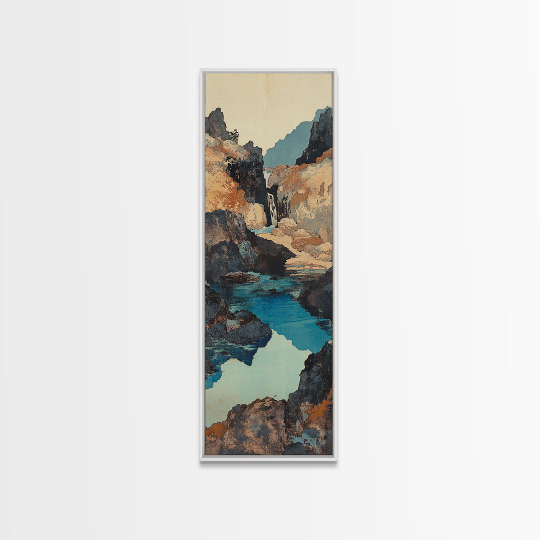 Turquoise Canyon Waterfall Framed Canvas Print, Mountain River Wall Art, Rustic Nature Decor, Japandi Long Narrow Wall Art