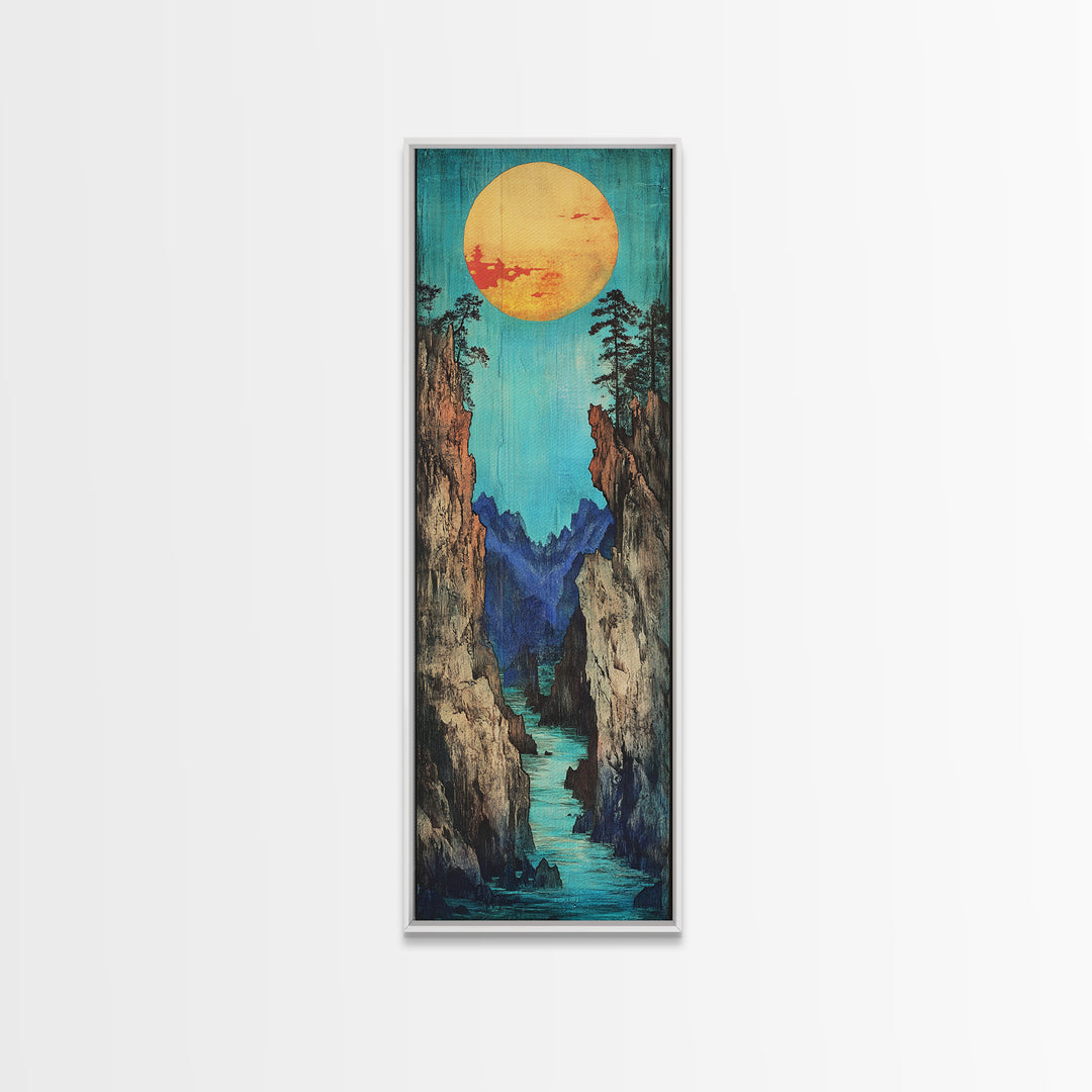 Turquoise Canyon River And Golden Sun Wall Art, Japanese Landscape Print, Japandi Wall Decor, Tall Canvas Art For Entryway