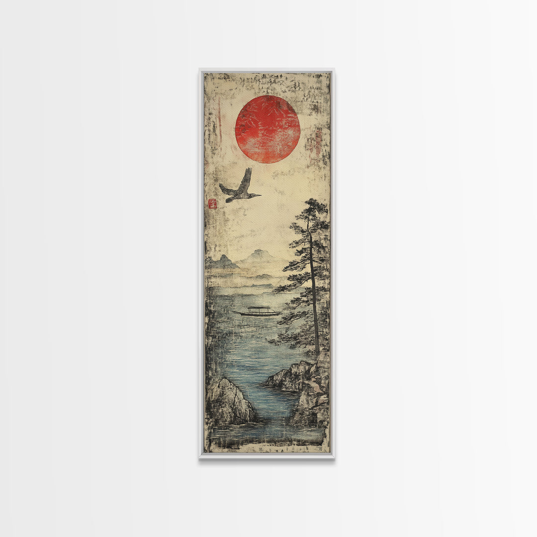 Red Sun Over Misty Coastal Lake Wall Art, Japanese Landscape Print, Crane Bird Scene, Zen Nature Decor For Living Room, Home Decor