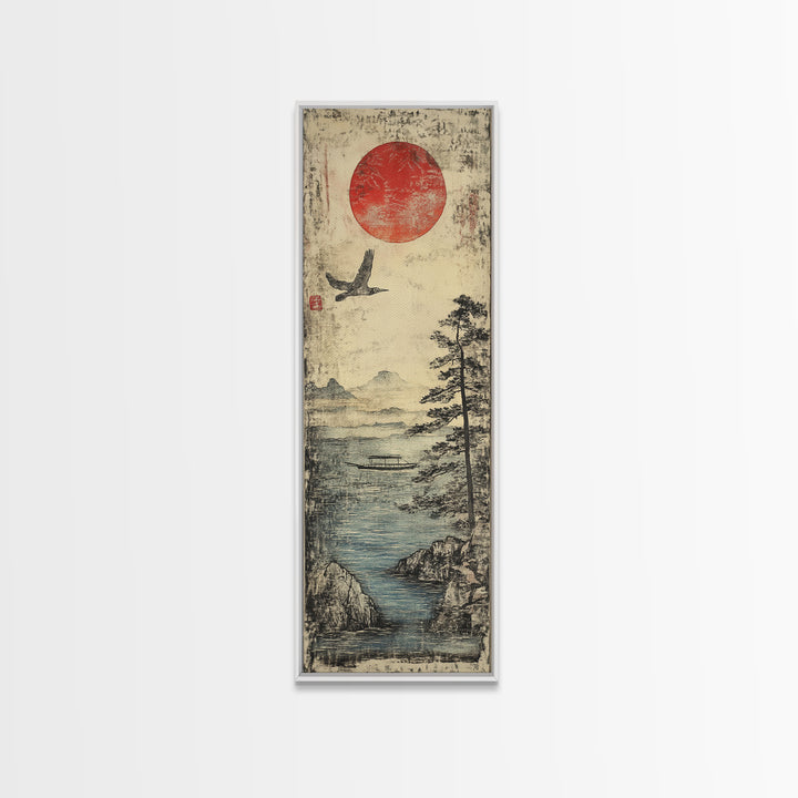Red Sun Over Misty Coastal Lake Wall Art, Japanese Landscape Print, Crane Bird Scene, Zen Nature Decor For Living Room, Home Decor