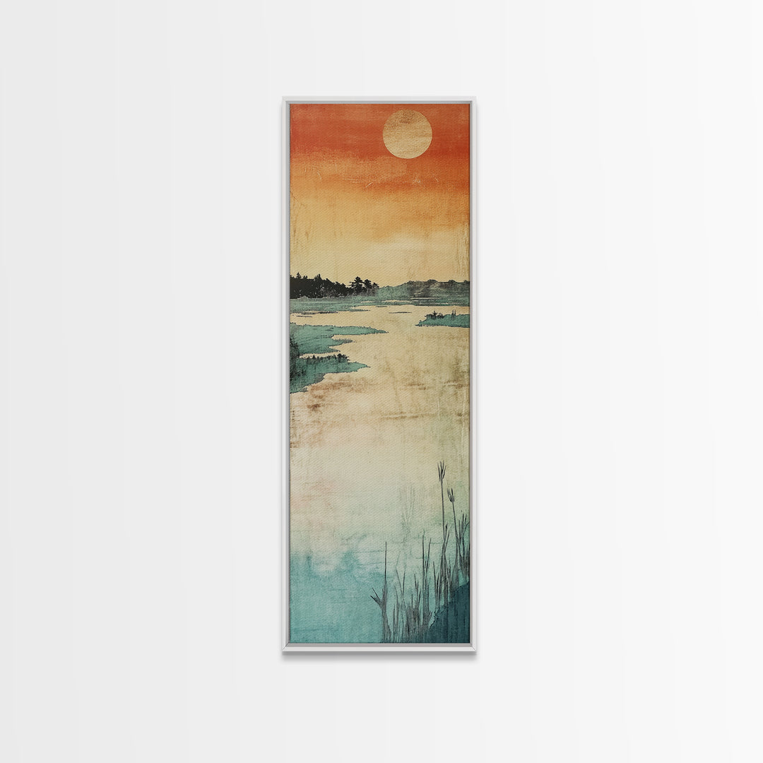 Orange Sunset Marsh Landscape Canvas Print, Minimal Japanese Seascape, Coastal Wall Art, Calm Bedroom Decor, Zen Home Decor