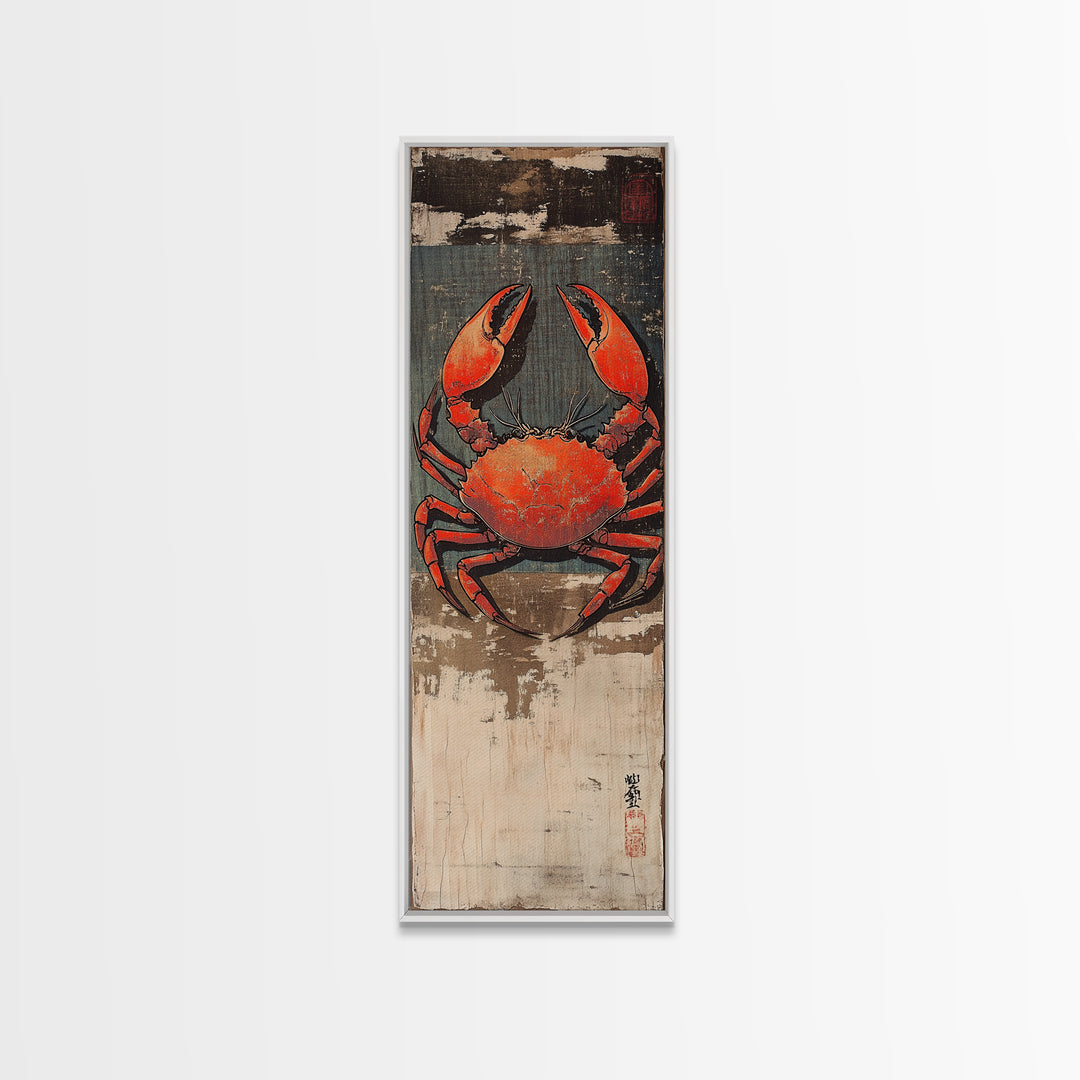 Bright Red Crab On Weathered Wood Wall Art, Nautical Japanese Seafood Print, Coastal Kitchen Decor, Beach House Canvas Print