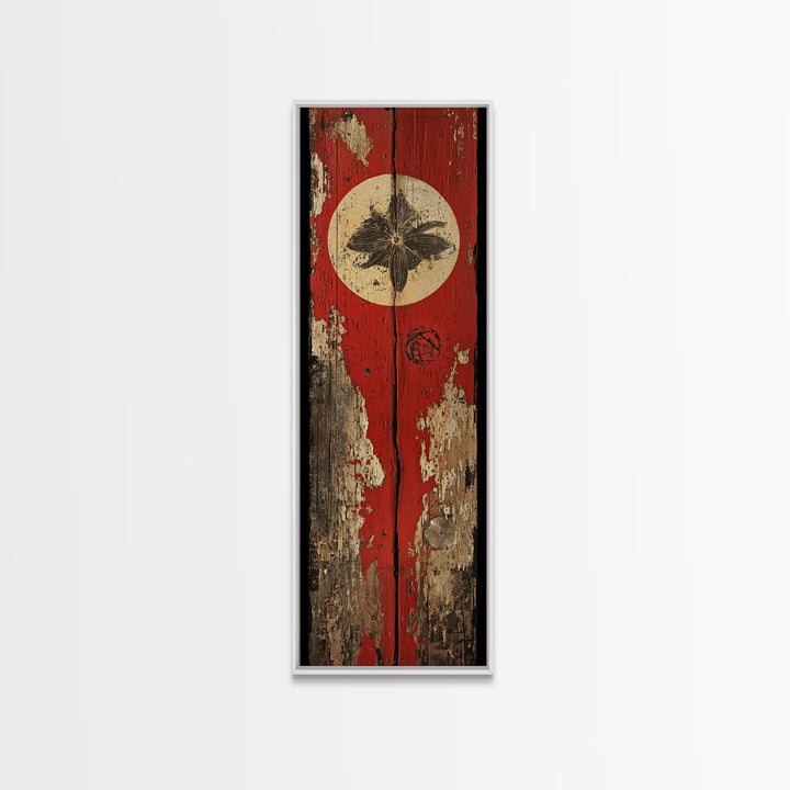 Rustic Red Door With White Sun Wall Art, Weathered Japanese Texture Print, Narrow Vertical Decor, Wabi Sabi Canvas Print