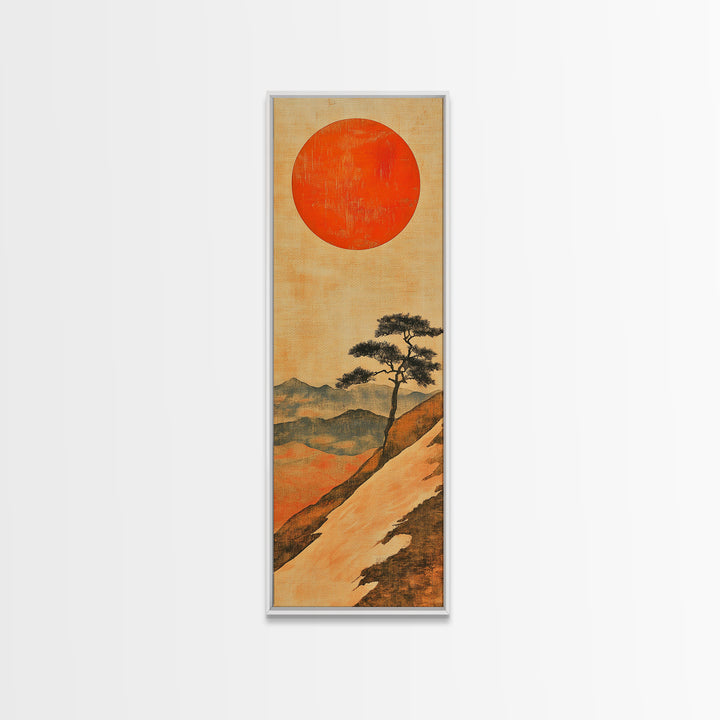 Large Red Sun Over Mountain Ridge Canvas Print, Japanese Landscape Wall Art, Earth Tone Decor, Minimalist Nature Art Print