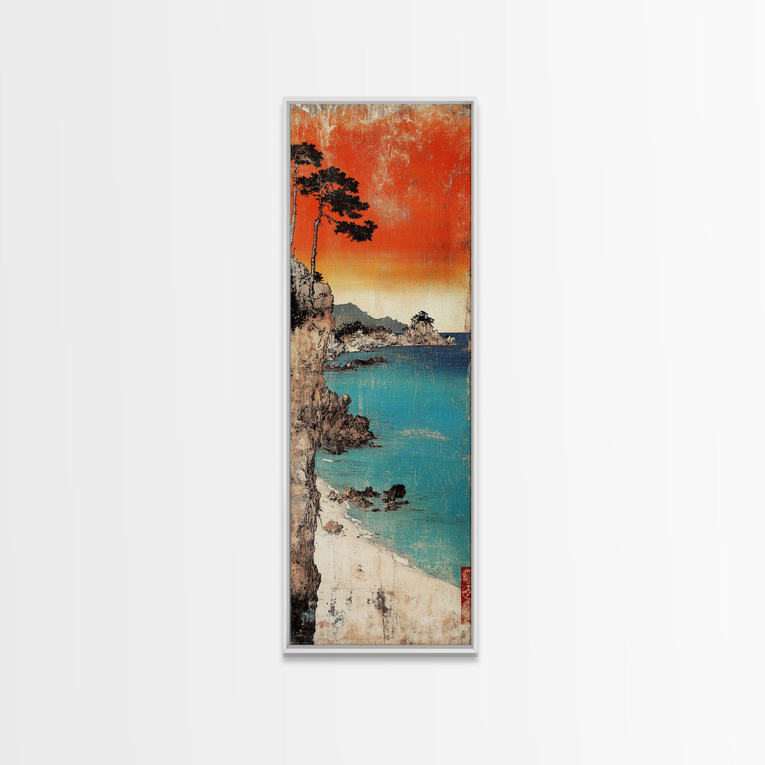 Turquoise Cove And Cliffside Sunset Large Canvas Print, Japanese Coastal Wall Art, Beach House Decor, Vibrant Ocean Art Print