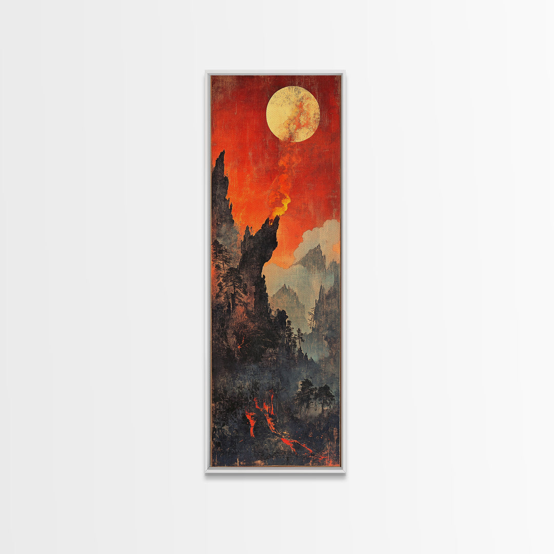 Fiery Moonlit Mountain Landscape Framed Canvas Print, Japanese Fantasy Wall Art, Moody Rustic Decor, Dramatic Nature Art