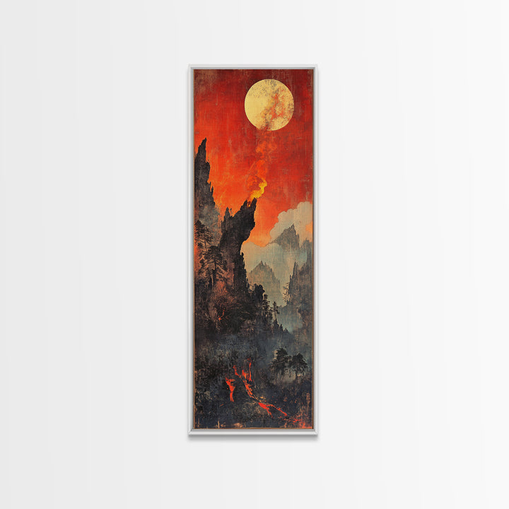 Fiery Moonlit Mountain Landscape Framed Canvas Print, Japanese Fantasy Wall Art, Moody Rustic Decor, Dramatic Nature Art