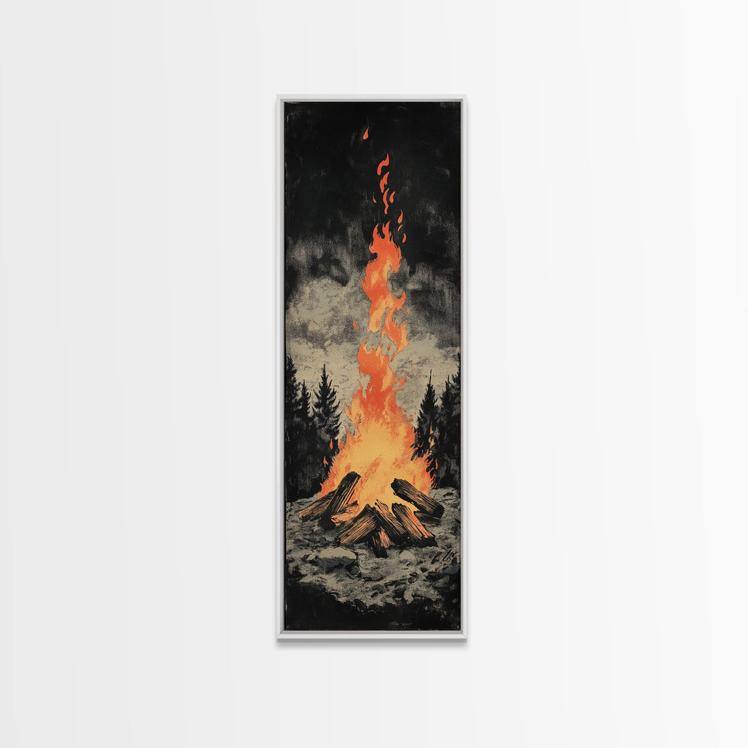 Glowing Campfire In Dark Pine Forest Framed Canvas Print, Rustic Cabin Wall Art, Cozy Lodge Decor, Moody Nature Art Print