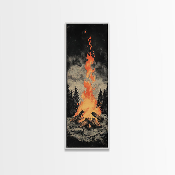 Glowing Campfire In Dark Pine Forest Framed Canvas Print, Rustic Cabin Wall Art, Cozy Lodge Decor, Moody Nature Art Print