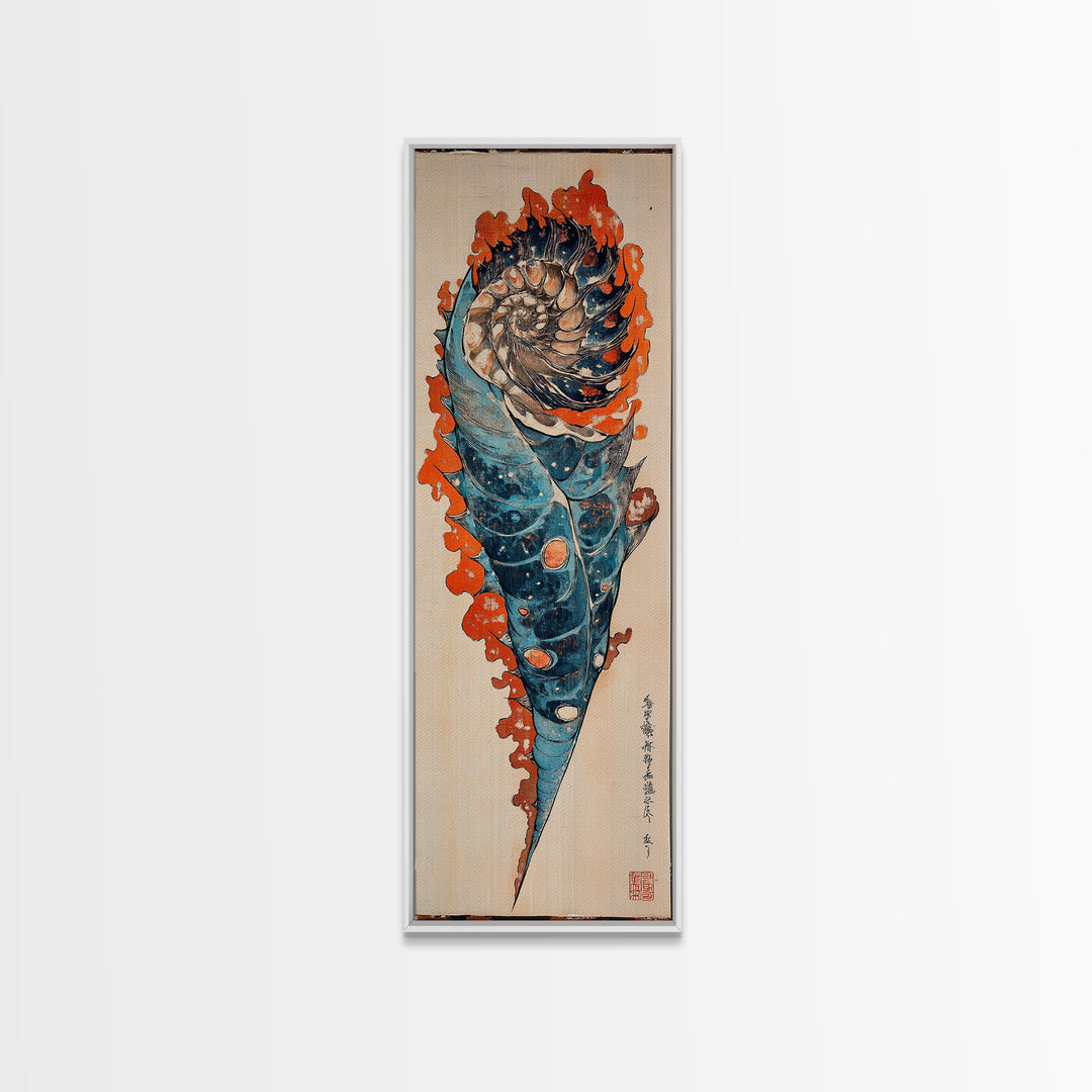 Blue Orange Spiral Seashell Wall Art, Japanese Woodblock Coastal Canvas Wall Decor, Nautical Ocean Print For Beach House