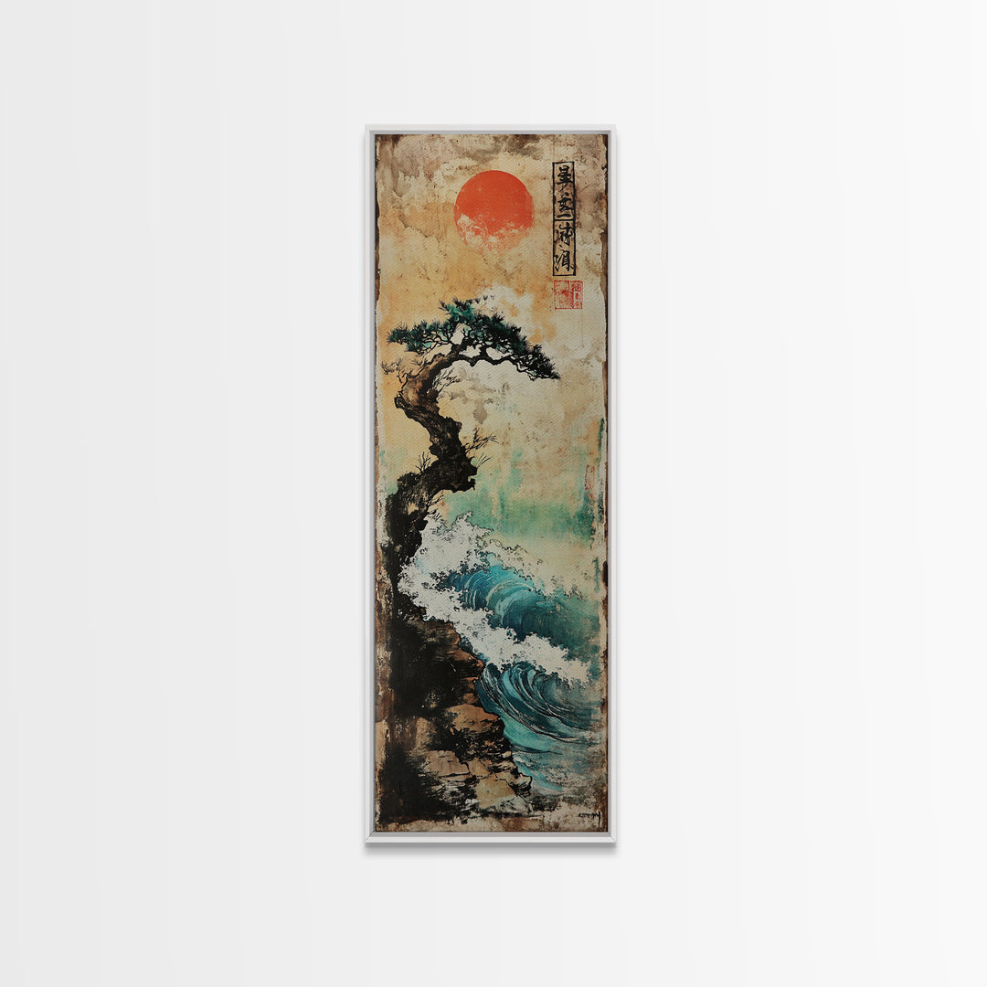 Red Sun Pine Cliff Seascape Wall Art, Japanese Wave Landscape Print, Coastal Zen Decor For Living Room And Office, Modern Home Decor