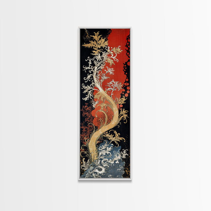Golden Fantasy Tree With Waves Canvas Print, Art Nouveau Asian Inspired Wall Decor, Dramatic Red Black Living Room Art, Statement Artwork