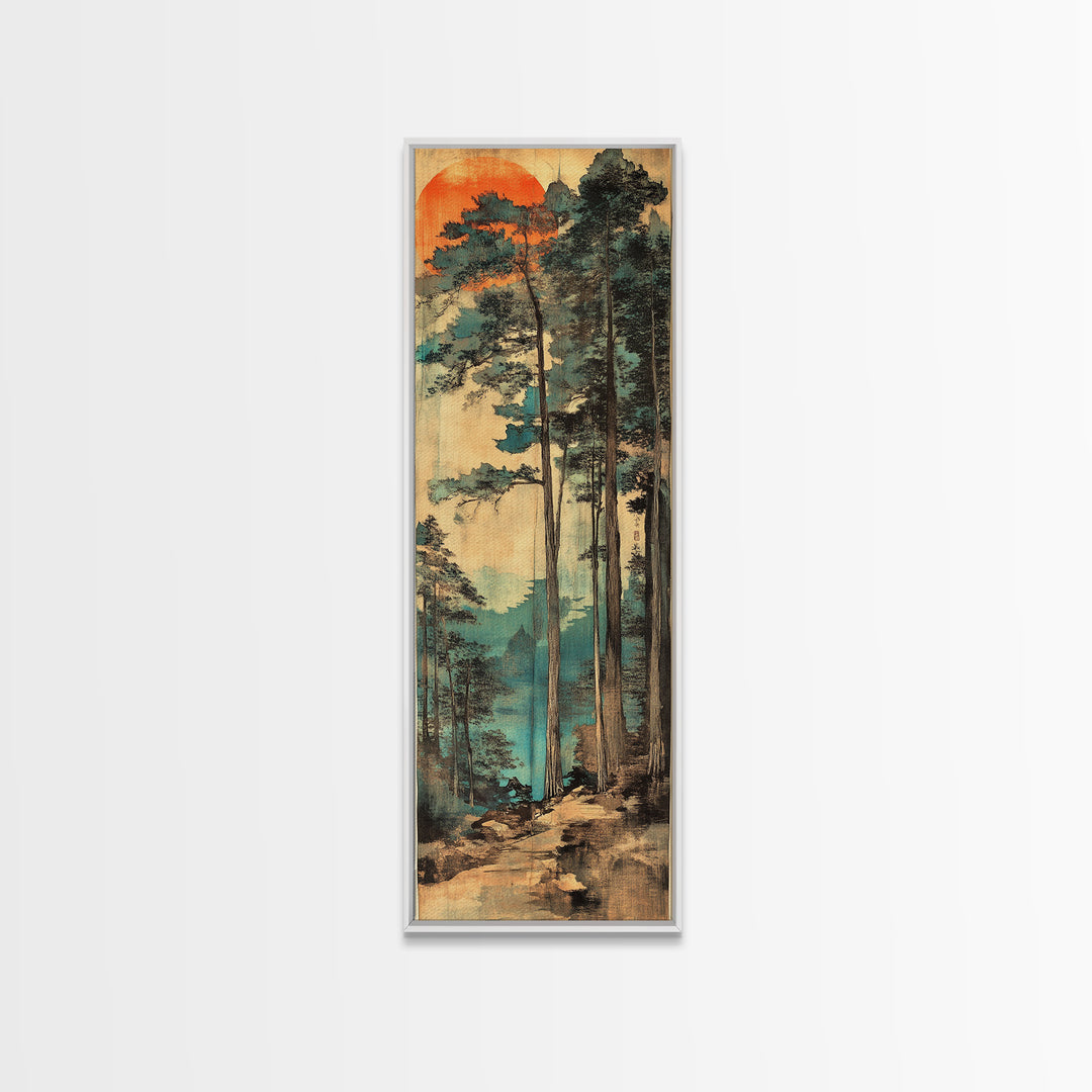 Tall Pine Forest Sunrise Wall Art, Japanese Woodblock Landscape Print, Misty Mountain Nature Decor For Living Room And Office Decor