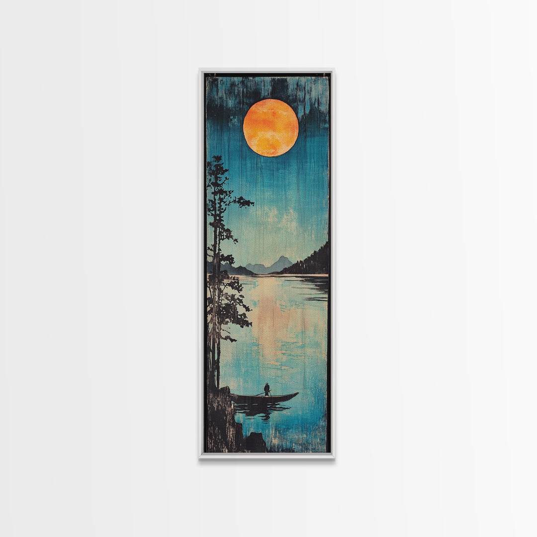 Orange Full Moon Over Mountain Lake Canvas Print, Serene Canoe Landscape Art, Japandi Wall Decor, Calming Bedroom Decor Gift
