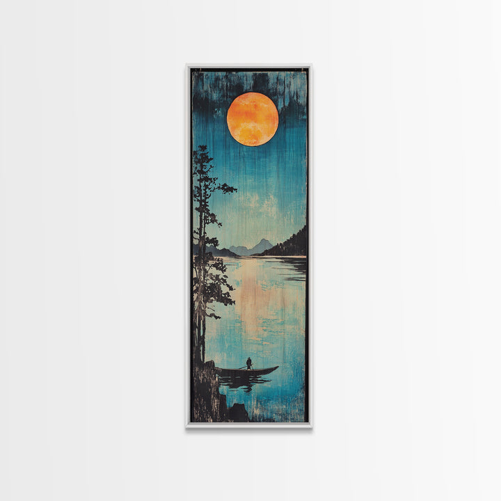 Orange Full Moon Over Mountain Lake Canvas Print, Serene Canoe Landscape Art, Japandi Wall Decor, Calming Bedroom Decor Gift